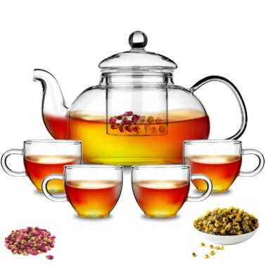 yraton Glass Tea Pot with 4 Tea Cups, Removable Infuser, Blooming and Loose Leaf Tea Maker and Teacups Set, Stovetop Microwave Safe Tea Kettle_ Teapots