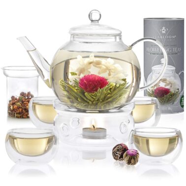 Teabloom Complete Glass Tea Set – Teapot (40 oz), Loose Tea Infuser, 4 Insulated Teacups, Tea Warmer