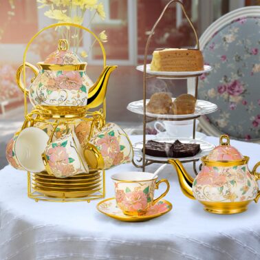 20 Pieces European Ceramic Tea Set for Adults With Metal Holder and Flower Painting (Large Cream Version)