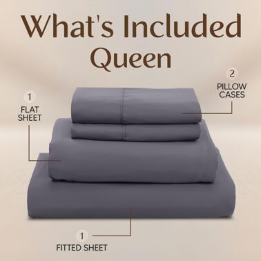 Bedding Queen Size Sheet Set – 4 Piece Bed Sheets, Soft and Breathable Microfiber, Includes 1 Fitted Sheet, 1 Flat Sheet and 2 Pillowcases – Oeko Tex (Grey) _ Home &